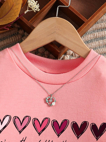 Young Girl' Heart Print Colorblock Mesh Knit 2-In-1 Sweatshirt Dress