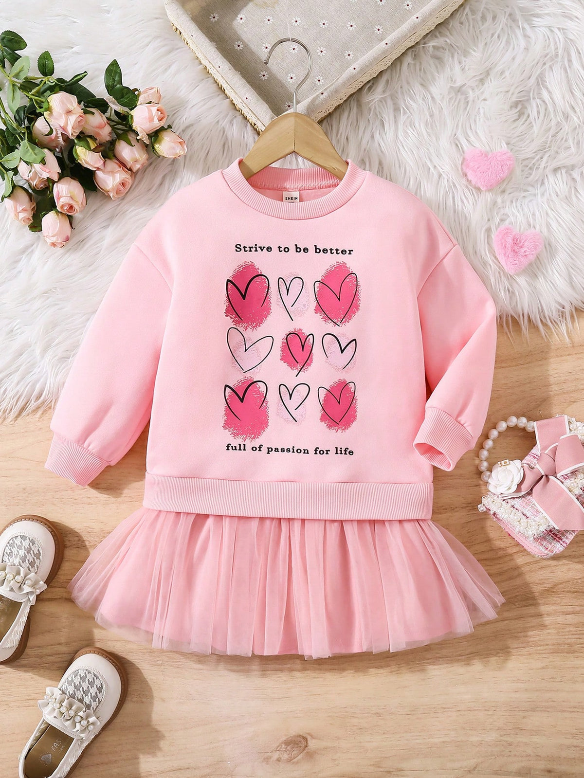 Young Girl' Heart Print Colorblock Mesh Two-In-One Sweatshirt Dress