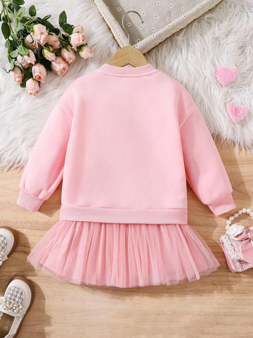 Young Girl' Heart Print Colorblock Mesh Two-In-One Sweatshirt Dress
