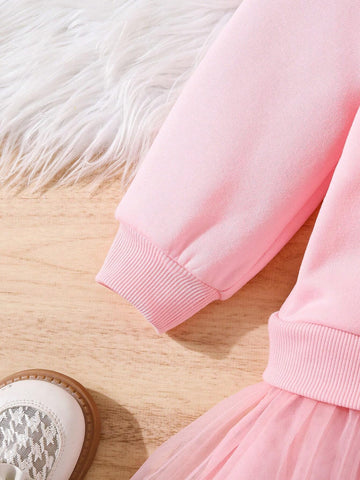 Young Girl' Heart Print Colorblock Mesh Two-In-One Sweatshirt Dress