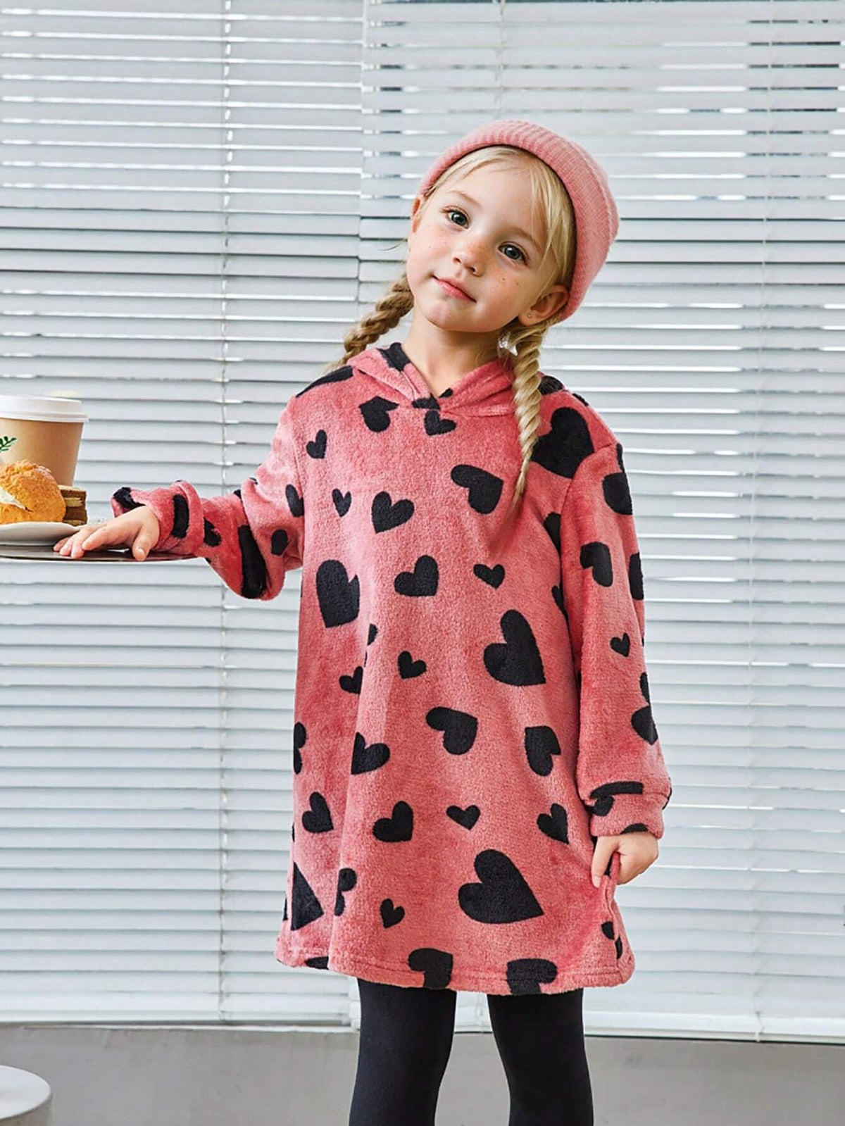 Young Girl Heart Print Hooded FlannelTeddy Velvet Long Dress, Autumn/Winter,Back To School
