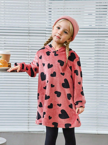 Young Girl Heart Print Hooded FlannelTeddy Velvet Long Dress, Autumn/Winter,Back To School