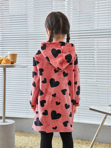 Young Girl Heart Print Hooded FlannelTeddy Velvet Long Dress, Autumn/Winter,Back To School