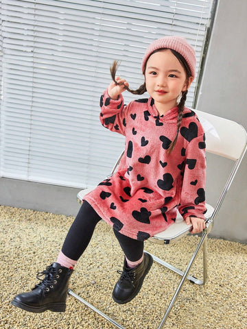 Young Girl Heart Print Hooded FlannelTeddy Velvet Long Dress, Autumn/Winter,Back To School