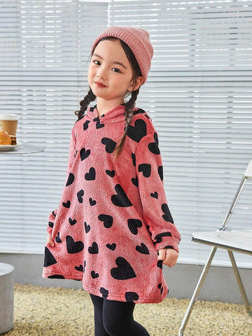 Young Girl Heart Print Hooded FlannelTeddy Velvet Long Dress, Autumn/Winter,Back To School