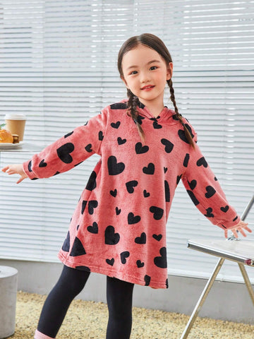 Young Girl Heart Print Hooded FlannelTeddy Velvet Long Dress, Autumn/Winter,Back To School
