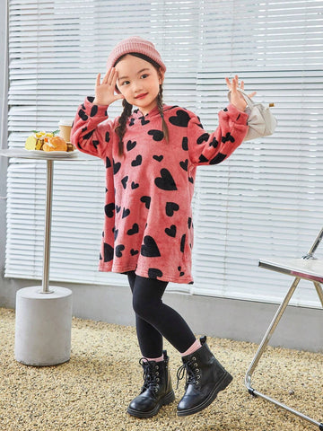 Young Girl Heart Print Hooded FlannelTeddy Velvet Long Dress, Autumn/Winter,Back To School