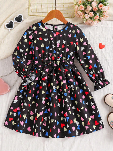 Young Girl Heart Print Round Neck Flare Sleeve Cute Casual Dress, Autumn