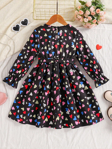 Young Girl Heart Print Round Neck Flare Sleeve Cute Casual Dress, Autumn