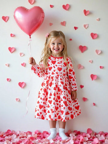 Young Girl Heart Print Round Neck Long Sleeve Casual Dress, Autumn