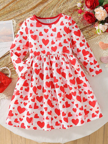 Young Girl Heart Print Round Neck Long Sleeve Casual Dress, Autumn