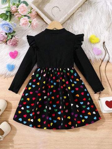 Young Girl Heart Print Round Neck Long Sleeve Dress With Bowknot Detail,