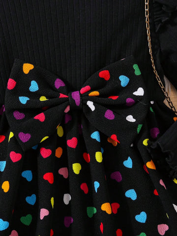 Young Girl Heart Print Round Neck Long Sleeve Dress With Bowknot Detail,