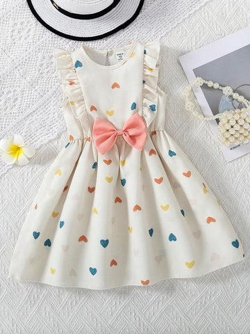 Young Girl Heart Print Ruffle Hem Bow Accent Summer Dress