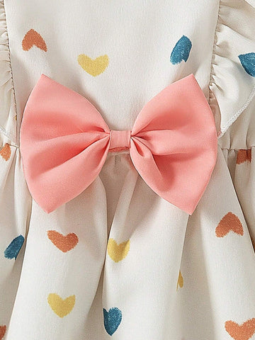 Young Girl Heart Print Ruffle Hem Bow Accent Summer Dress