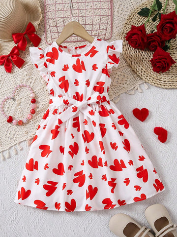 Young Girl Heart Print Ruffle Sleeve Dress With Waist Belt, Suitable For Daily Wear, Family Gatherings, Birthday Parties And More Occasions