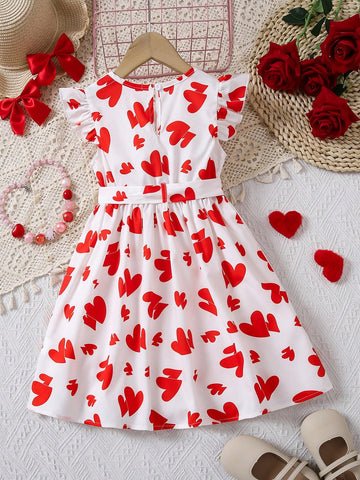 Young Girl Heart Print Ruffle Sleeve Dress With Waist Belt, Suitable For Daily Wear, Family Gatherings, Birthday Parties And More Occasions