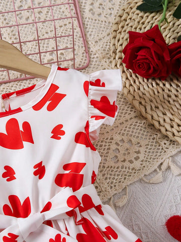 Young Girl Heart Print Ruffle Sleeve Dress With Waist Belt, Suitable For Daily Wear, Family Gatherings, Birthday Parties And More Occasions