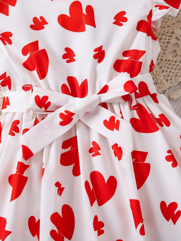 Young Girl Heart Print Ruffle Sleeve Dress With Waist Belt, Suitable For Daily Wear, Family Gatherings, Birthday Parties And More Occasions