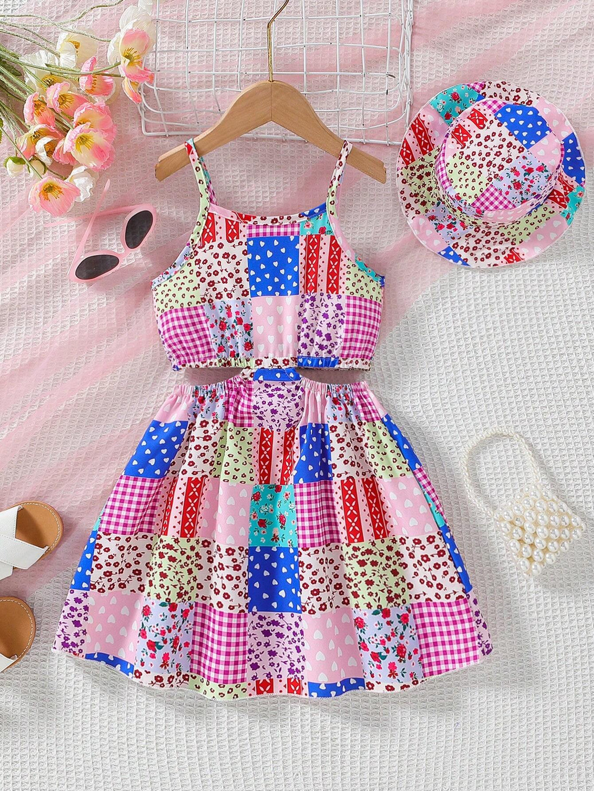 Young Girl Heart Printed Floral Plaid Waist Cutout Strap Fashionable Dress With Hat