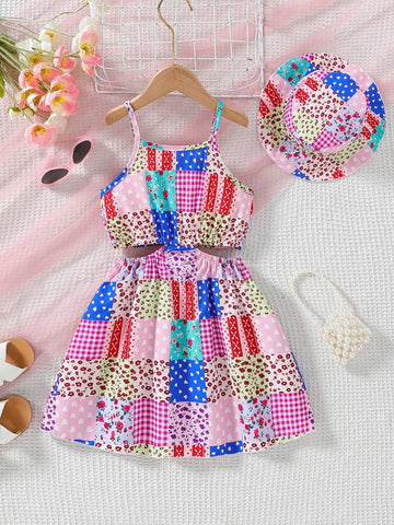 Young Girl Heart Printed Floral Plaid Waist Cutout Strap Fashionable Dress With Hat