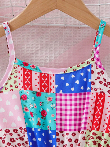 Young Girl Heart Printed Floral Plaid Waist Cutout Strap Fashionable Dress With Hat