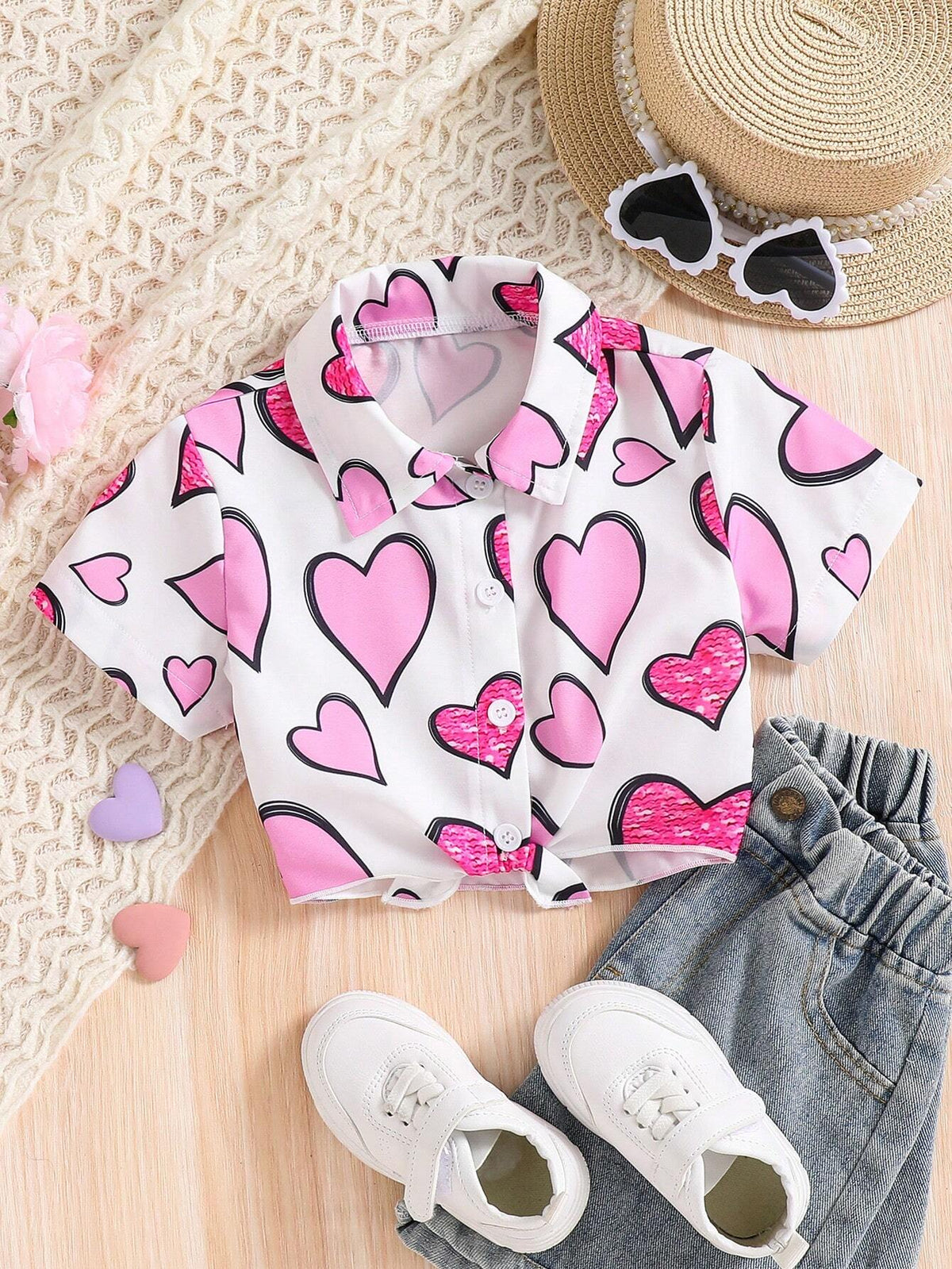 Young Girl Heart Printed Shirt, Summer Casual Cardigan Top