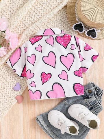 Young Girl Heart Printed Shirt, Summer Casual Cardigan Top