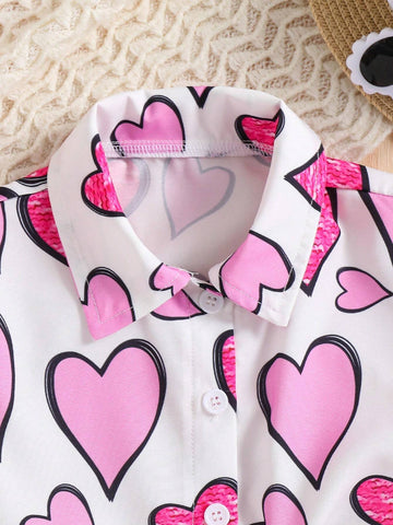 Young Girl Heart Printed Shirt, Summer Casual Cardigan Top