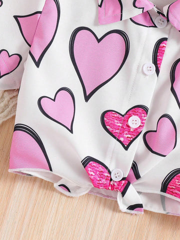 Young Girl Heart Printed Shirt, Summer Casual Cardigan Top