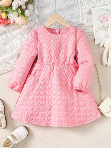 Young Girl Heart Textured Padded Loose Dress, Winter