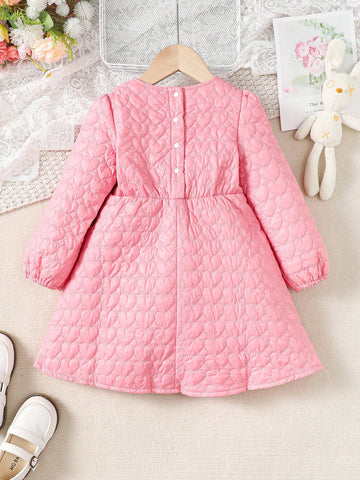 Young Girl Heart Textured Padded Loose Dress, Winter