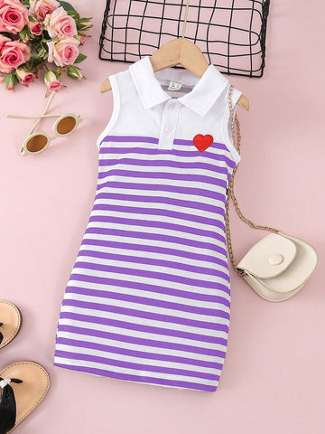 Young Girl Heart & Stripe Pattern Polo Collar Casual Jumper Dress