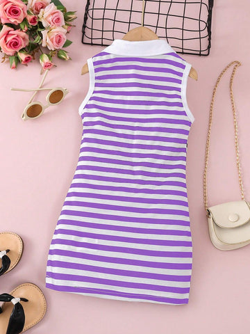 Young Girl Heart & Stripe Pattern Polo Collar Casual Jumper Dress