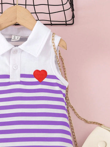 Young Girl Heart & Stripe Pattern Polo Collar Casual Jumper Dress