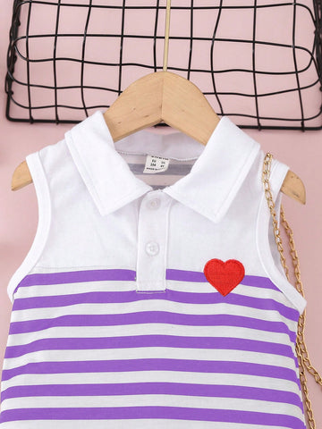 Young Girl Heart & Stripe Pattern Polo Collar Casual Jumper Dress