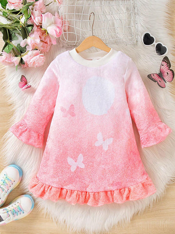 Young Girl' High Collar Digital Butterfly Print Ruffle Hem Dress, Thick Warm Comfortable & Fashion Cute For Outings, Autumn/Winter