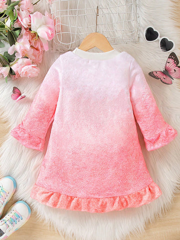Young Girl' High Collar Digital Butterfly Print Ruffle Hem Dress, Thick Warm Comfortable & Fashion Cute For Outings, Autumn/Winter
