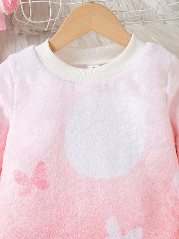Young Girl' High Collar Digital Butterfly Print Ruffle Hem Dress, Thick Warm Comfortable & Fashion Cute For Outings, Autumn/Winter