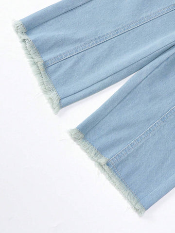 Young Girl Holiday Casual Light Blue Wash Button Front Elastic Waist Raw Hem Wide Leg Jeans