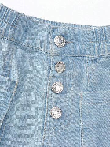 Young Girl Holiday Casual Light Blue Wash Button Front Elastic Waist Raw Hem Wide Leg Jeans