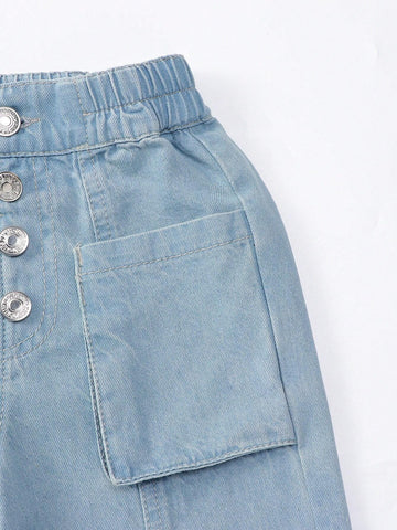 Young Girl Holiday Casual Light Blue Wash Button Front Elastic Waist Raw Hem Wide Leg Jeans