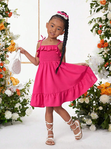 Young Girl Holiday Casual Spring/Summer Woven Solid Color Spaghetti Strap Dress