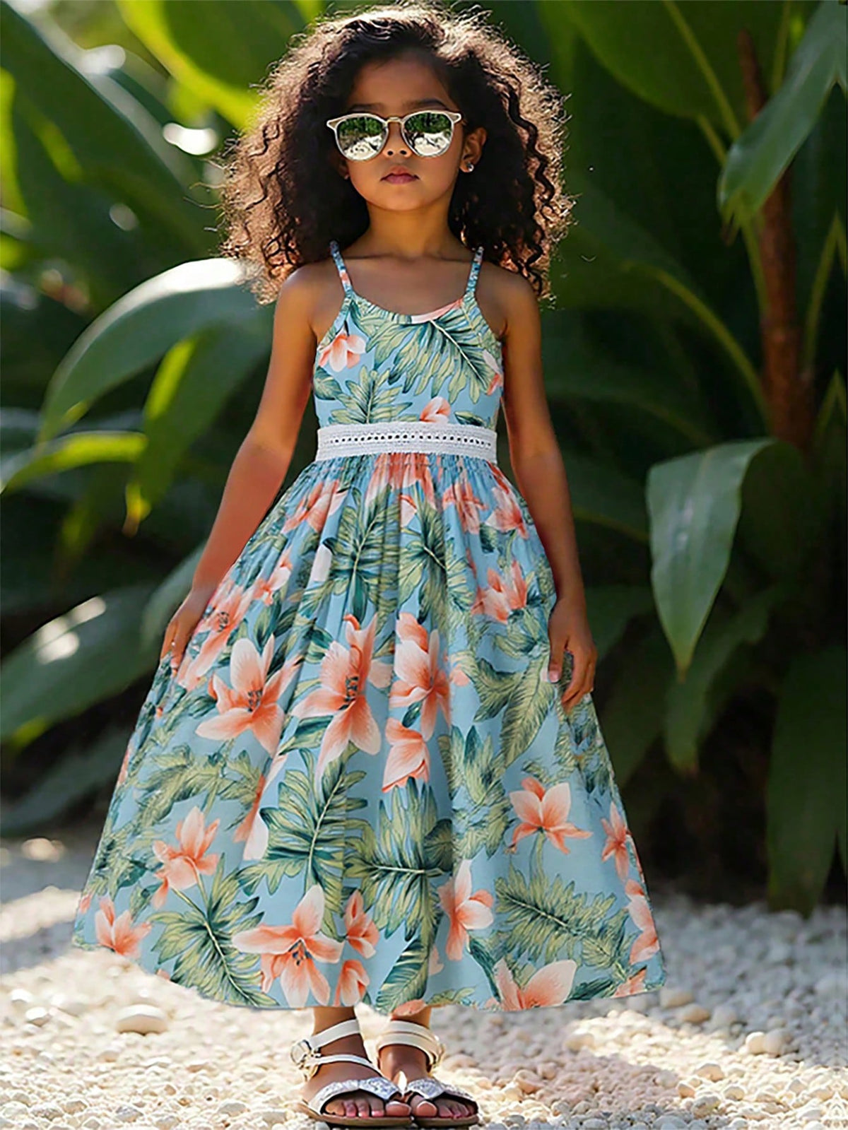Young Girl Holiday Casual Tropical Print Contrast Lace Camisole Dress