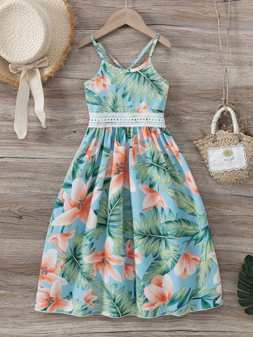 Young Girl Holiday Casual Tropical Print Contrast Lace Camisole Dress