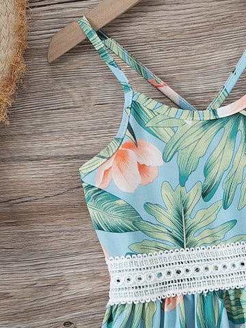 Young Girl Holiday Casual Tropical Print Contrast Lace Camisole Dress
