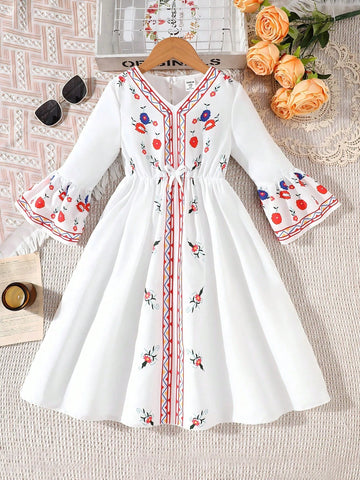 Young Girl Holiday Floral Retro Print V-Neck Flare Long Sleeve Dress