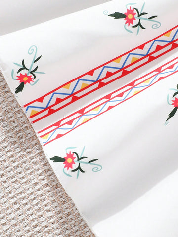 Young Girl Holiday Floral Retro Print V-Neck Flare Long Sleeve Dress