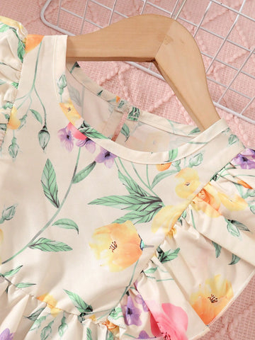 Young Girl Holiday Style Floral Printed Dress For Summer