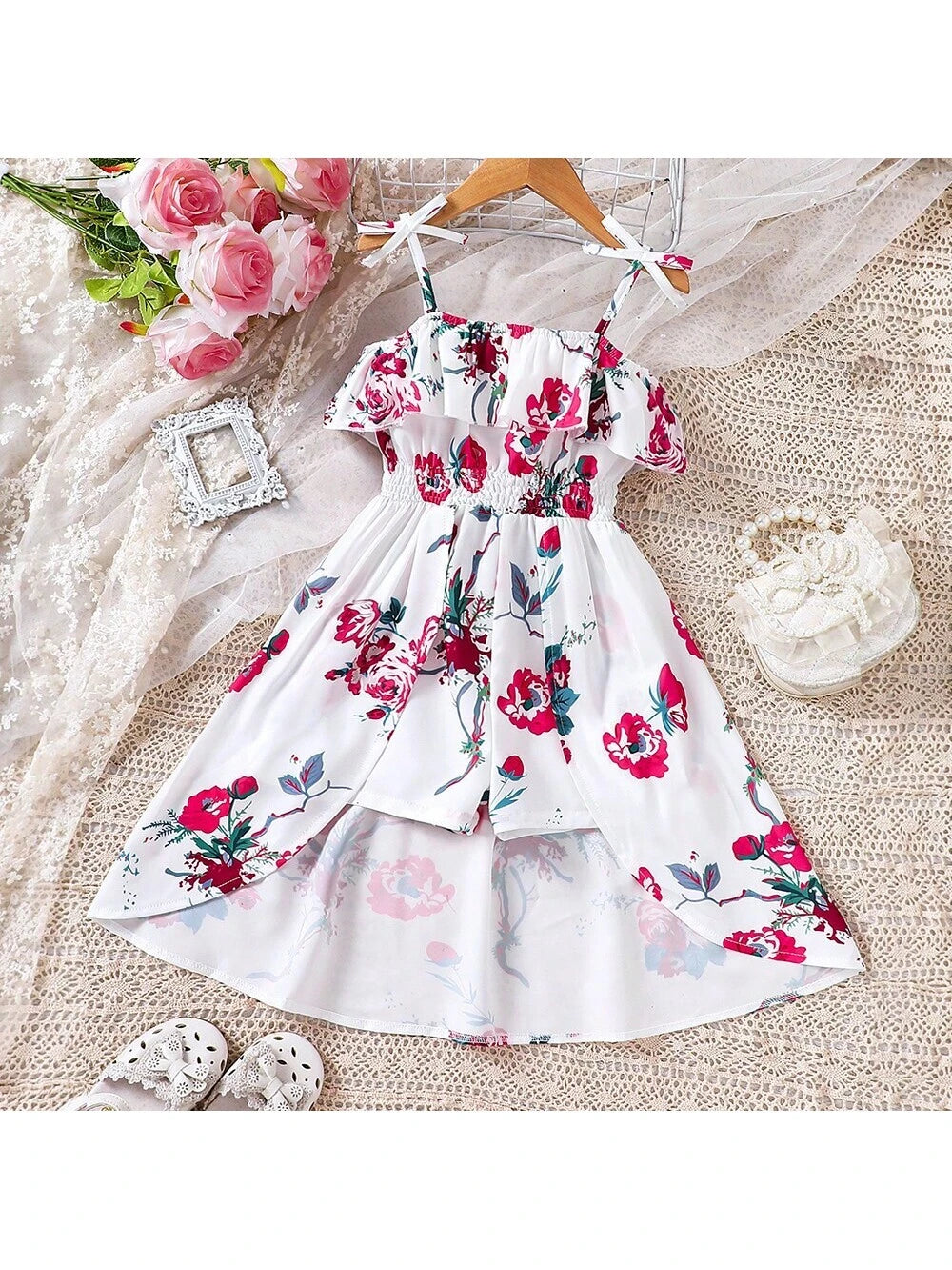 Young Girl Holiday Style Jumpsuit With Ruffle Trim, Summer